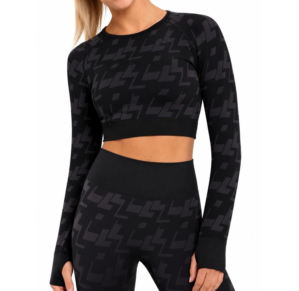 Mono B Seamless Geo Active Top S Black Gray Long Sleeve Thumbholes Fitness